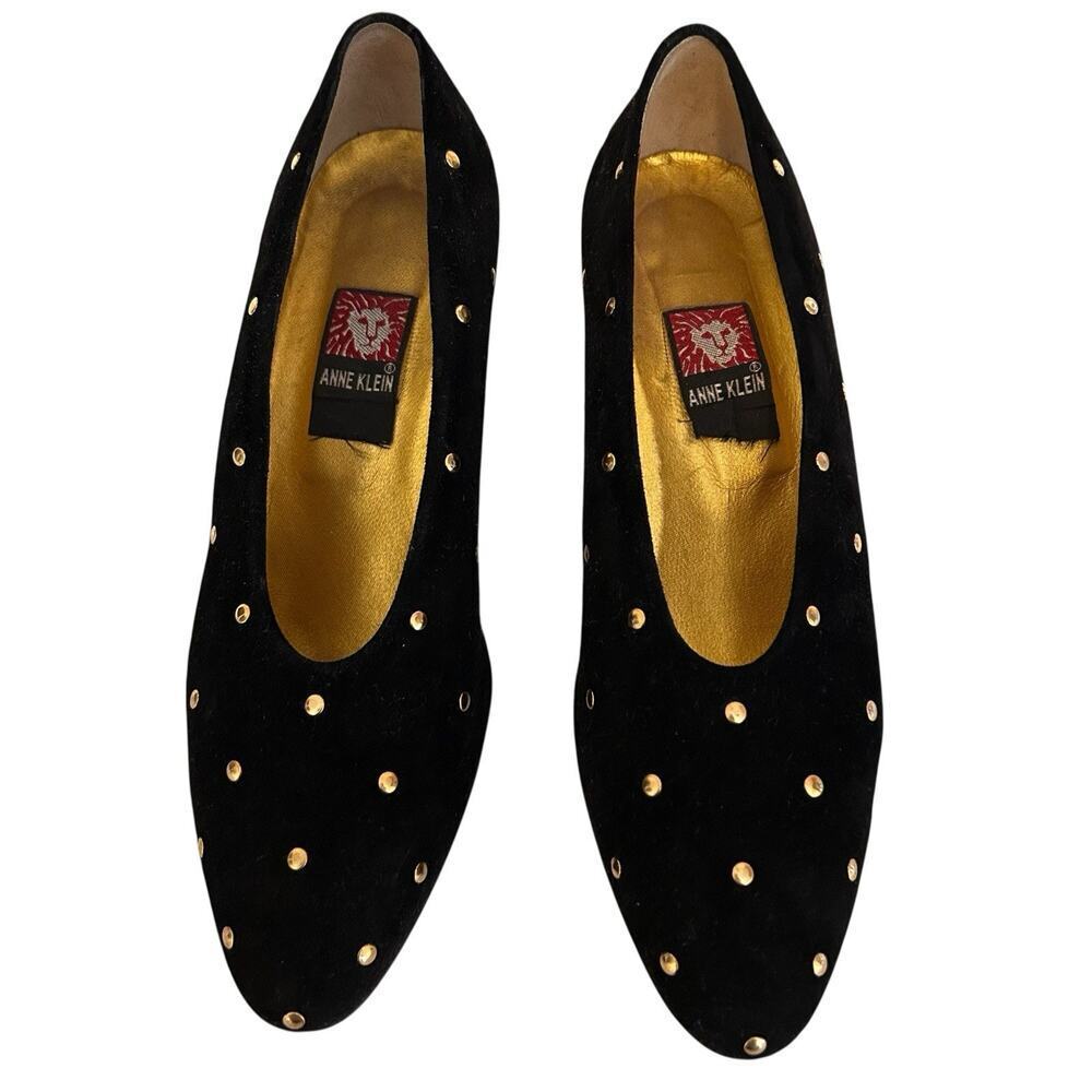 Vintage Anne Klein Women’s Black Suede/Leather Pumps Gold Nail Heads 7.5 M Italy